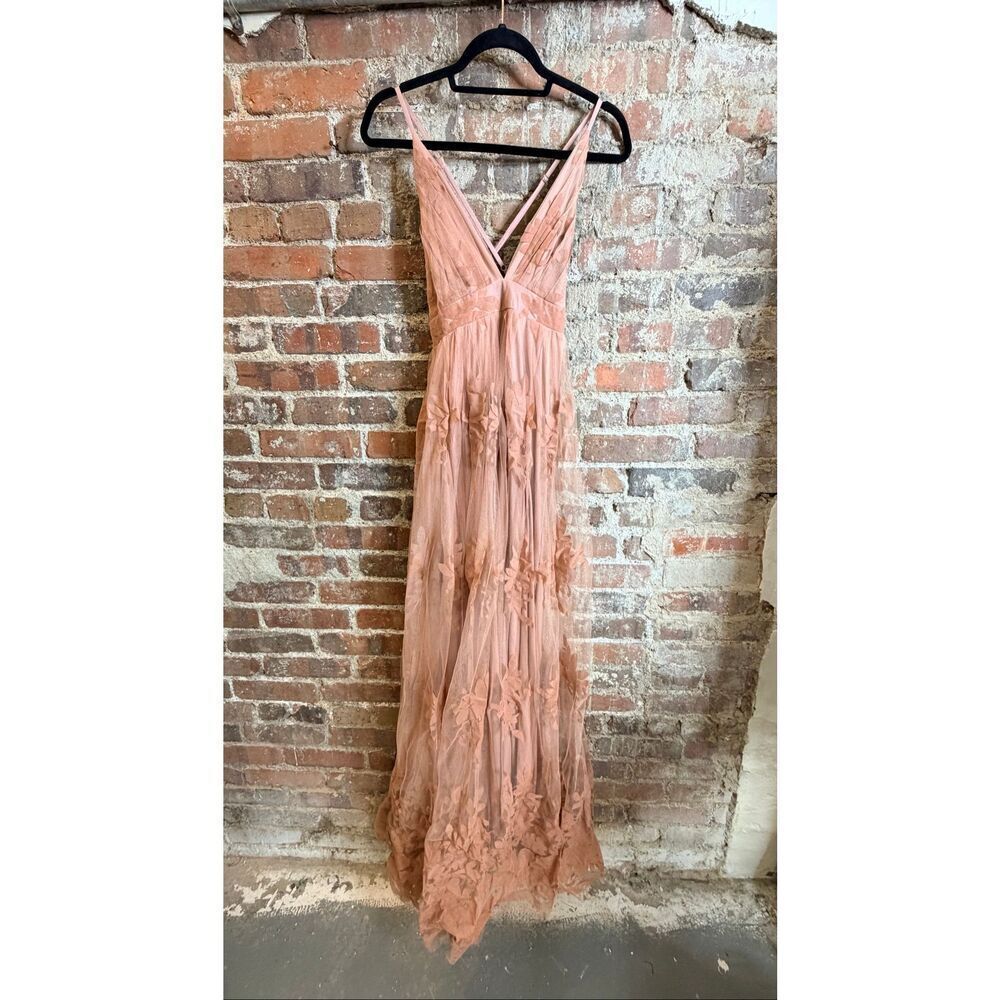 LUXXEL • Blush Pink Velvet Floral and Tulle Deep V Plunge Back Spaghetti Cross